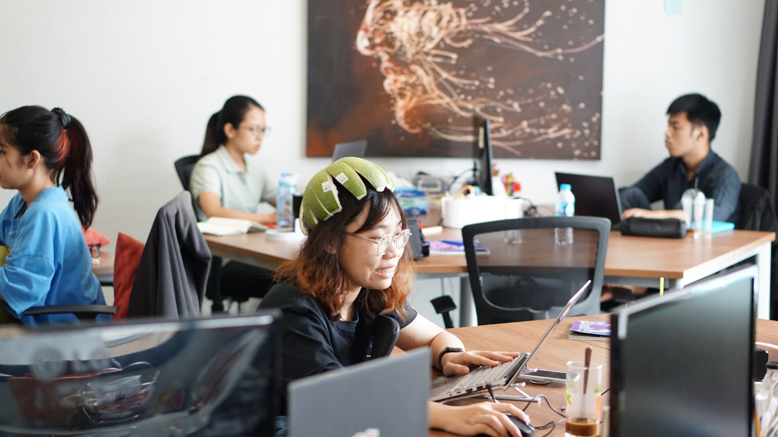 Girl with Pomelo skin on her head